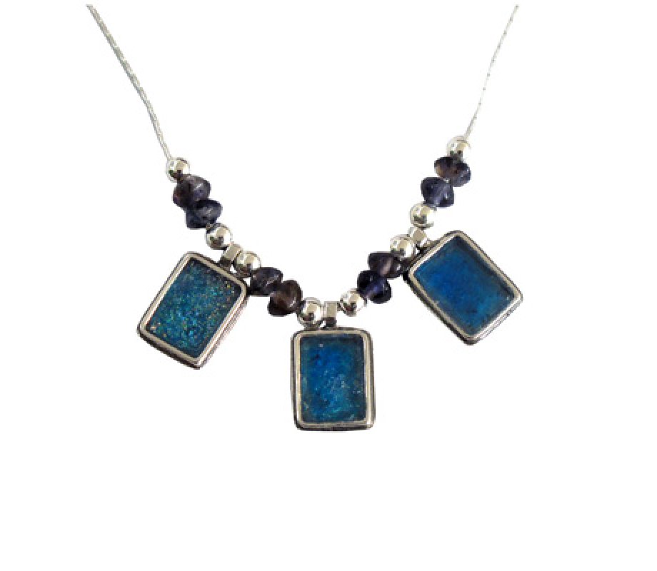Michal Kirat Ayolite Beads on Silver Necklace with Three Roman Glass Pendants