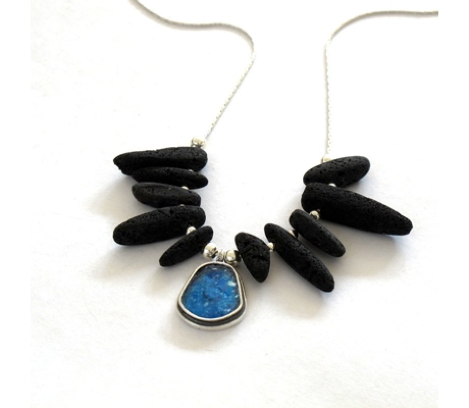 Michal Kirat Black Lava Beads Silver Necklace - Roman Glass Shield Pendant