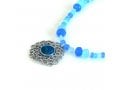 Michal Kirat Blue Crystal Beads with Roman Glass Pendant in Silver Floral Frame