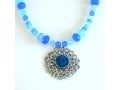 Michal Kirat Blue Crystal Beads with Roman Glass Pendant in Silver Floral Frame