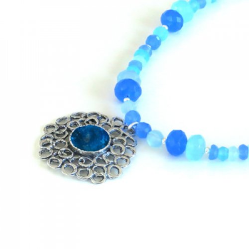 Michal Kirat Blue Crystal Beads with Roman Glass Pendant in Silver Floral Frame