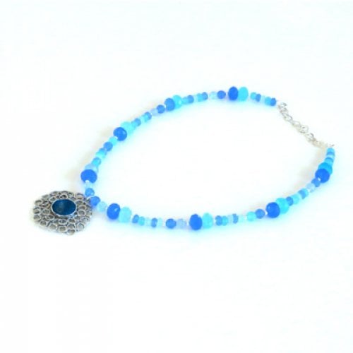 Michal Kirat Blue Crystal Beads with Roman Glass Pendant in Silver Floral Frame