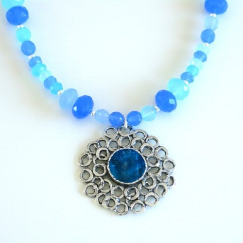 Michal Kirat Blue Crystal Beads with Roman Glass Pendant in Silver Floral Frame