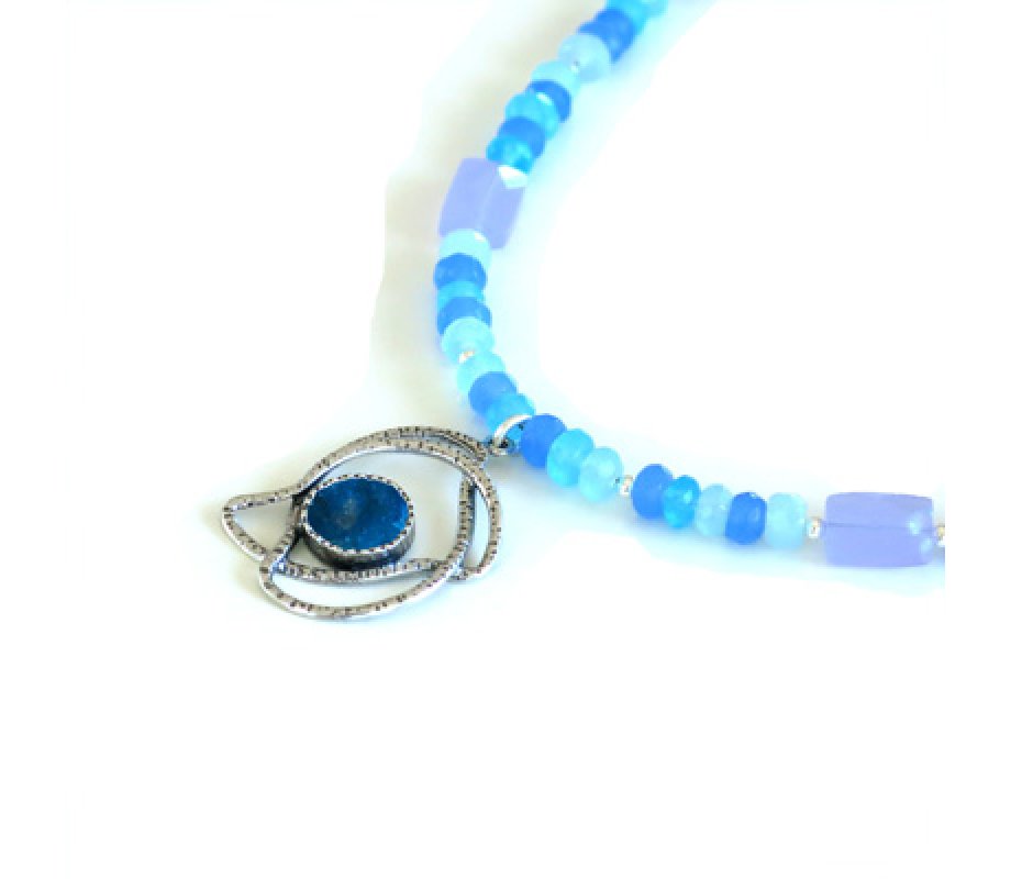 Michal Kirat Blue Crystal Necklace with Roman Glass in Silver Bird Pendant