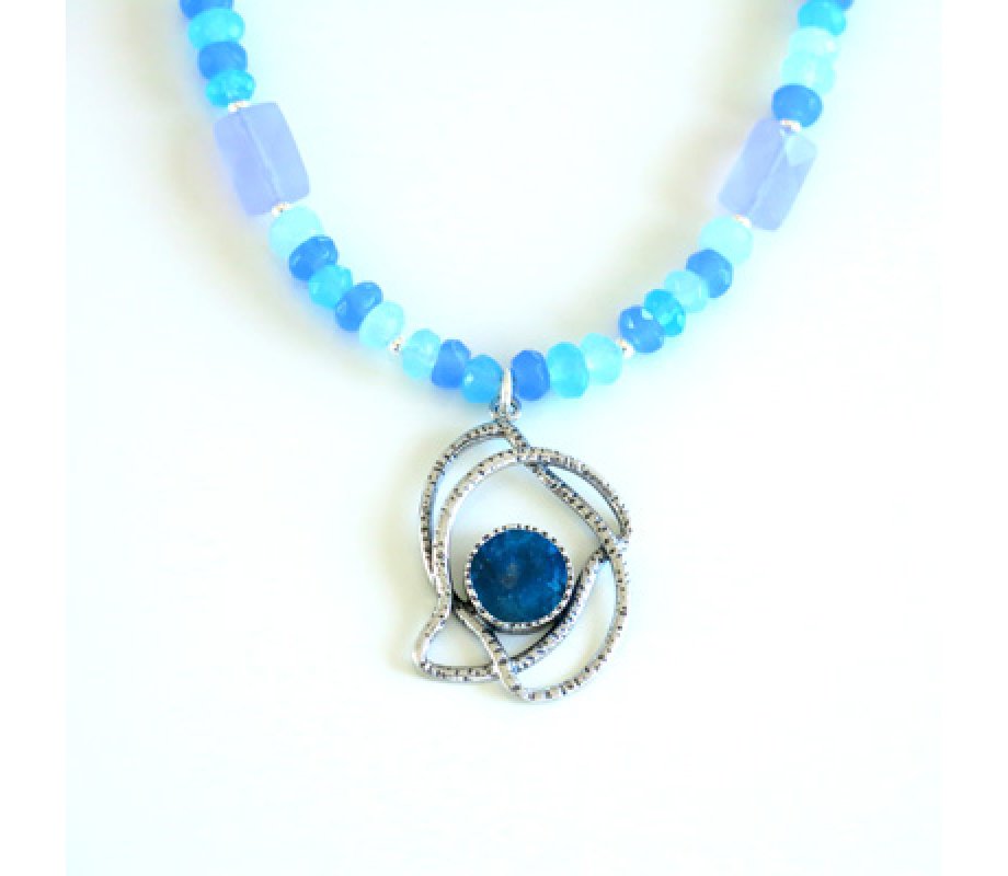 Michal Kirat Blue Crystal Necklace with Roman Glass in Silver Bird Pendant