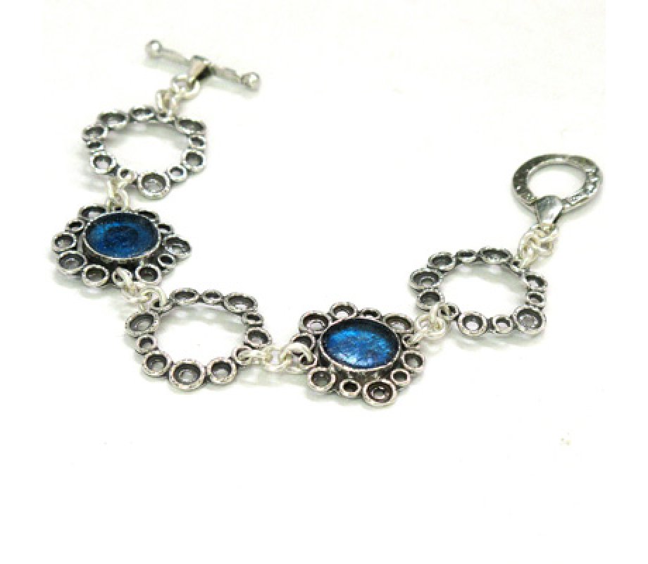 Michal Kirat Bracelet, Sterling Silver Floral Loops with Circular Roman Glass