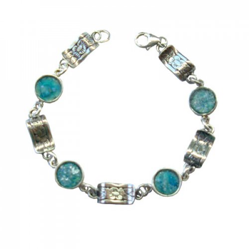 Michal Kirat Bracelet with Circular Roman Glass Pieces and Engraved Silver Links