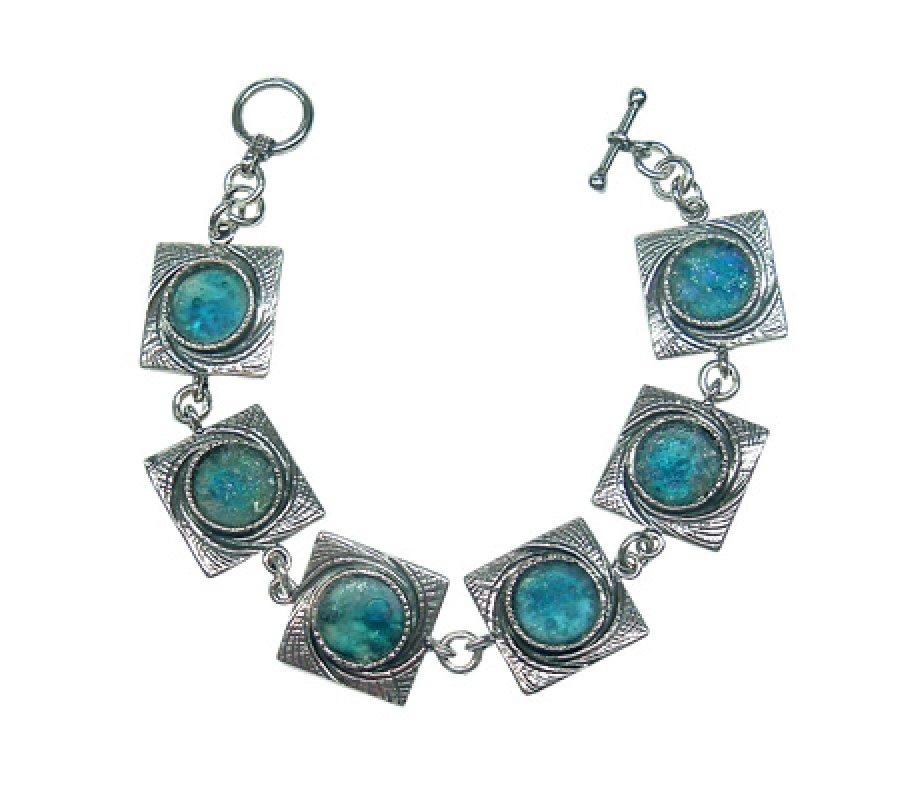 Michal Kirat Bracelet with Roman Glass Set in Textured Square Wave Design