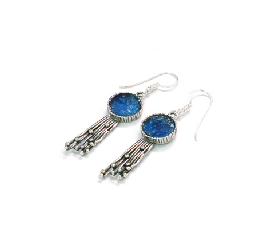 Michal Kirat Circular Roman Glass Drop Earrings with Dangling Fringe