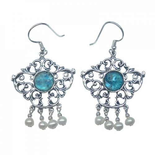 Michal Kirat Dangle Sterling Silver Earrings, Roman Glass and Freshwater Pearls