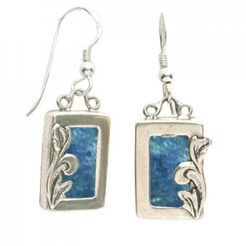 Michal Kirat Drop Earrings, Sterling Silver and Roman Glass with Decorative Leaf