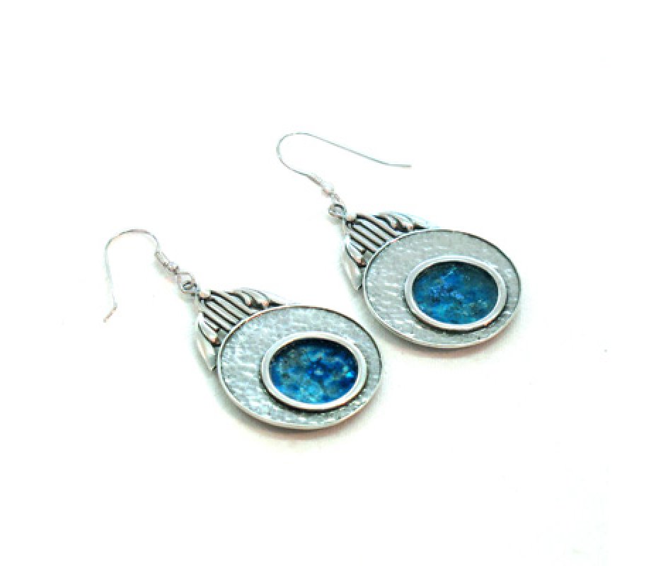 Michal Kirat Drop Earrings with Round Roman Glass and Textured Sterling Silver