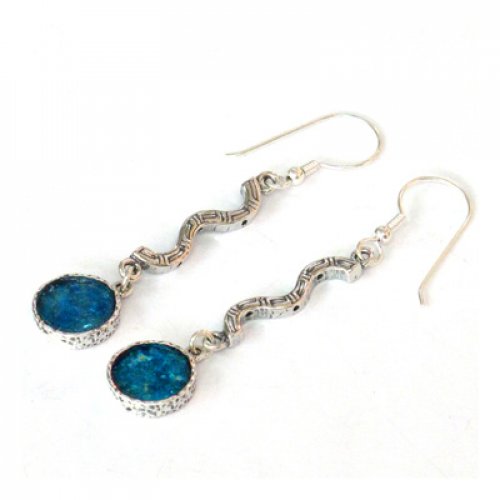 Michal Kirat Engraved Sterling Silver Dangle Earrings with Framed Roman Glass