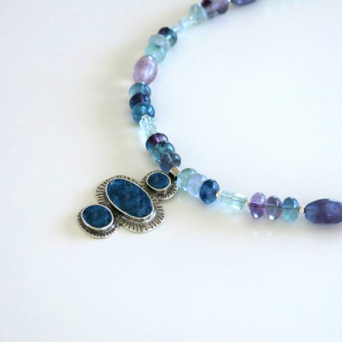 Michal Kirat Fluorite Beads Silver Necklace with Three Roman Glass Pendants