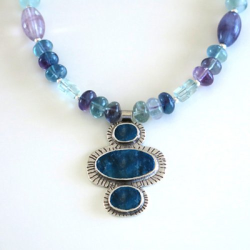 Michal Kirat Fluorite Beads Silver Necklace with Three Roman Glass Pendants