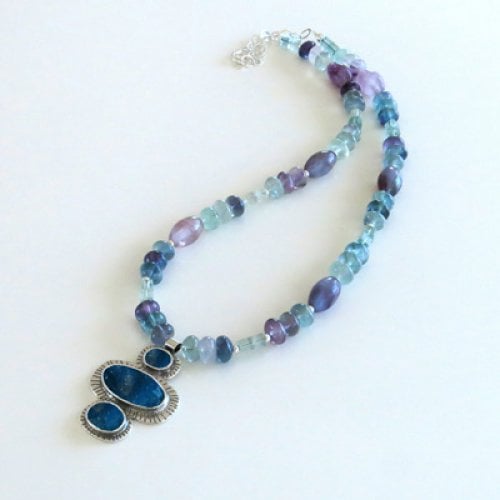 Michal Kirat Fluorite Beads Silver Necklace with Three Roman Glass Pendants