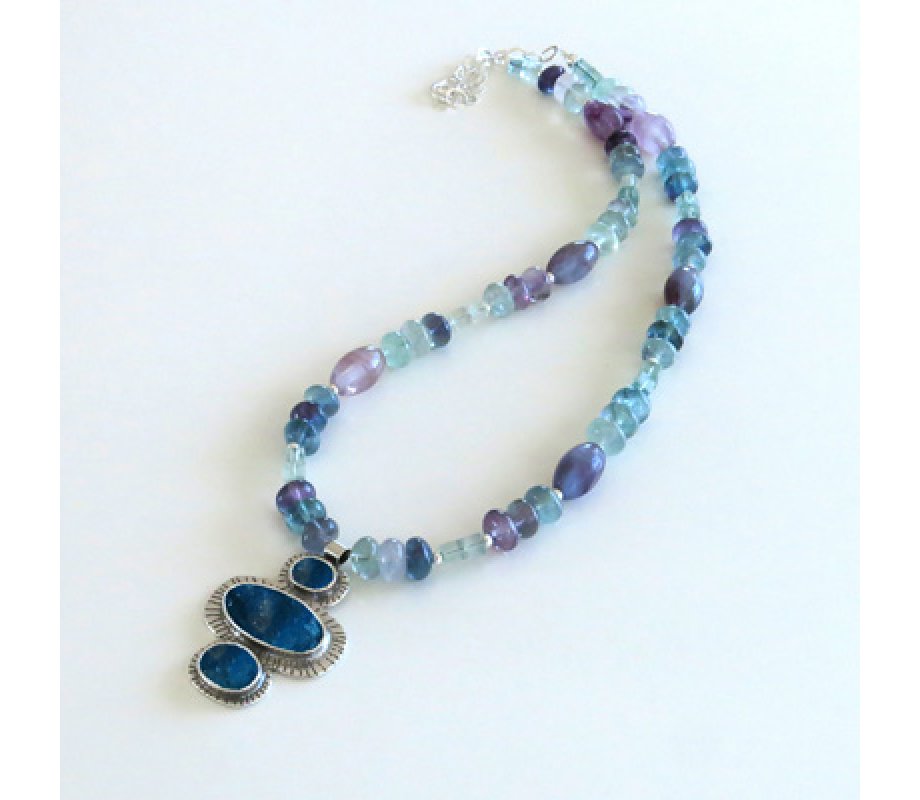 Michal Kirat Fluorite Beads Silver Necklace with Three Roman Glass Pendants