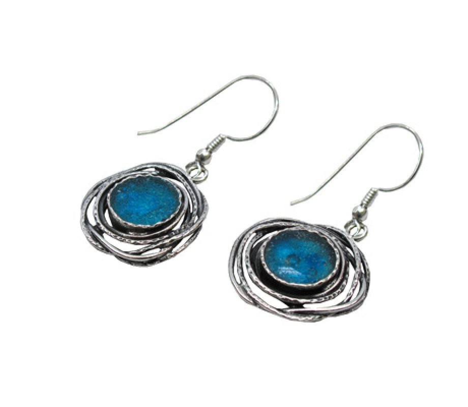 Michal Kirat Framed Roman Glass Earrings Set in Sterling Silver Bird’s Nest Design