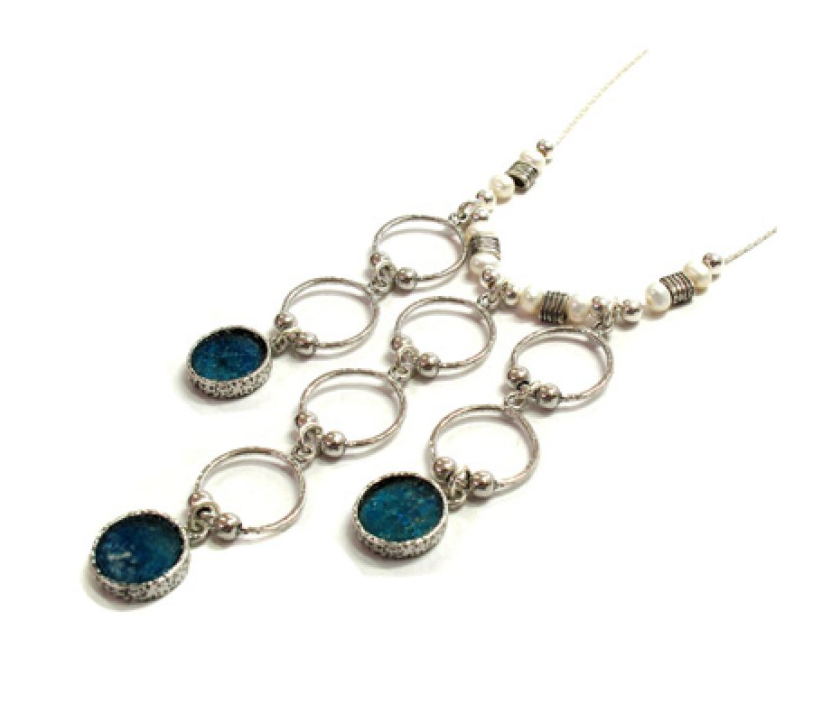 Michal Kirat Freshwater Pearls Necklace with Silver Loops and Roman Glass Pendants