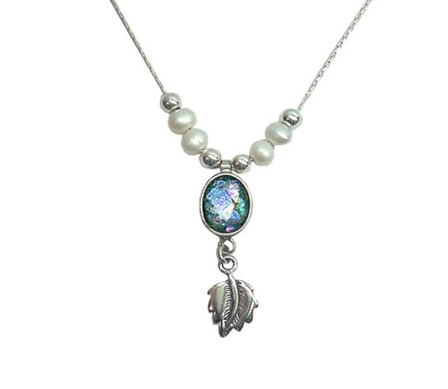 Michal Kirat Freshwater Pearls on Silver Chain with Roman Glass Pendant and Decorative Leaf