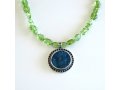 Michal Kirat Green Peridot Beads Necklace with Roman Glass Silver-framed Pendant