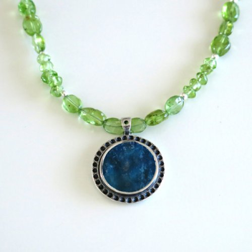 Michal Kirat Green Peridot Beads Necklace with Roman Glass Silver-framed Pendant