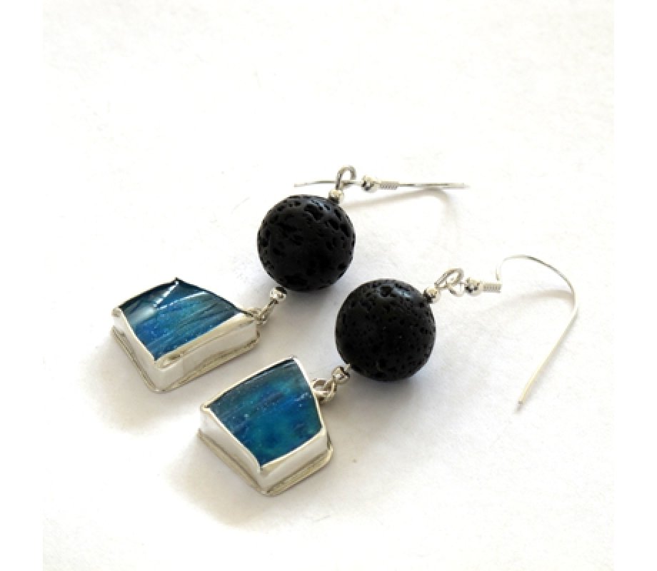 Michal Kirat Handmade Earrings, Sterling Silver Roman Glass and Black Lava Bead