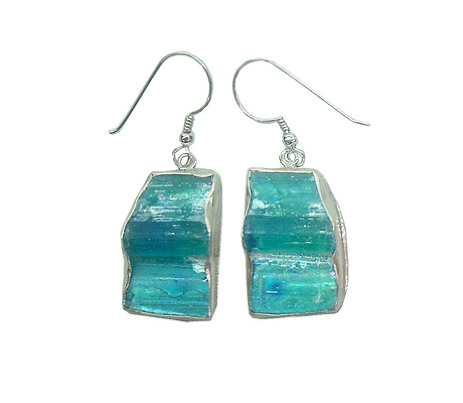 Michal Kirat Handmade Sterling Silver Drop Earrings, Roman Glass as Sea Waves