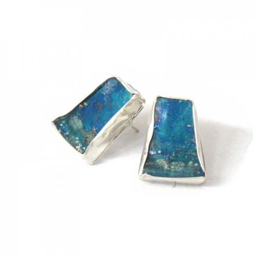 Michal Kirat, Handmade Sterling Silver Rectangle Stud Earrings, Roman Glass