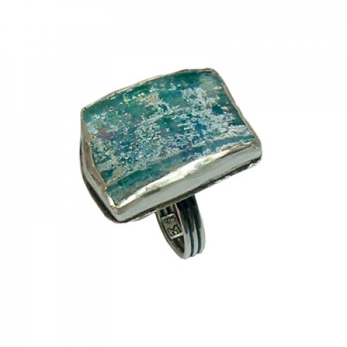 Michal Kirat, Handmade Sterling Silver Ring with Roman Glass - Adjustable Band