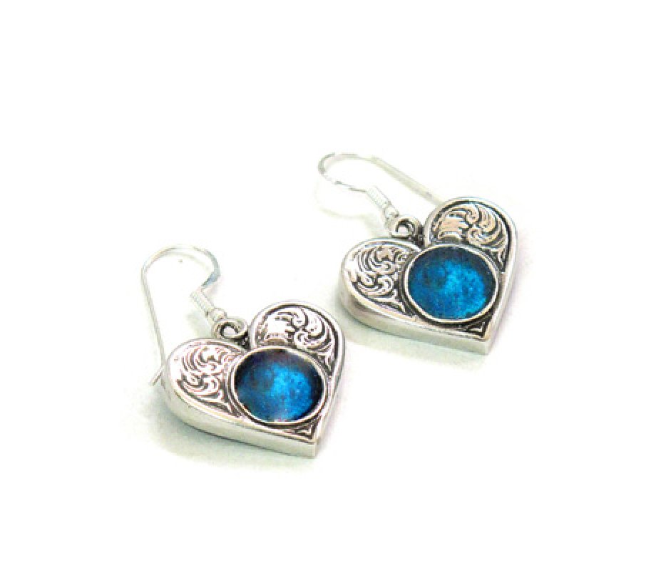 Michal Kirat Heart-Shaped Sterling Silver Earrings Enclosing Luminous Roman Glass
