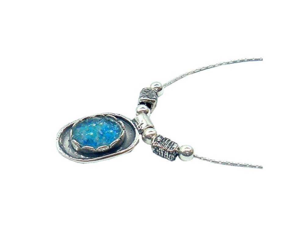 Michal Kirat Necklace with Roman Glass Silver Framed Oval Pendant