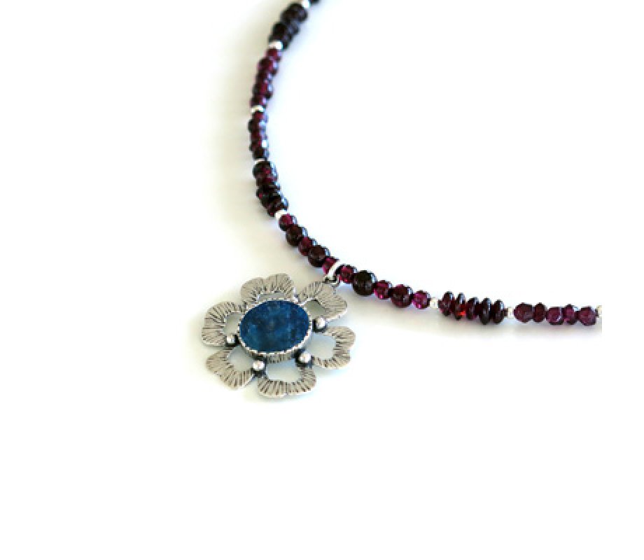 Michal Kirat Red Garnet Necklace with Pendant of Roman Glass in Silver Flower