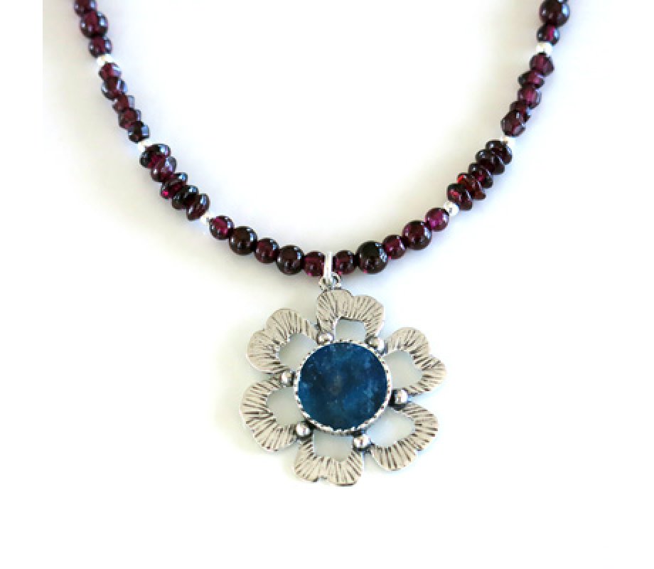 Michal Kirat Red Garnet Necklace with Pendant of Roman Glass in Silver Flower
