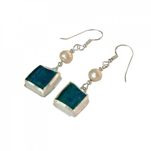 Michal Kirat Roman Glass Dangle Earrings, Sterling Silver and Freshwater Pearls