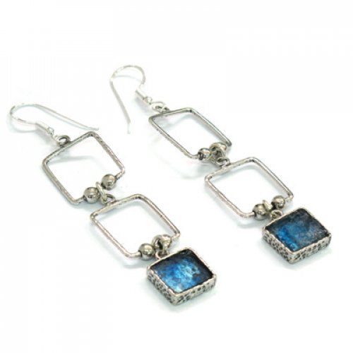 Michal Kirat Roman Glass Dangle Earrings with Sterling Silver Decorative Squares