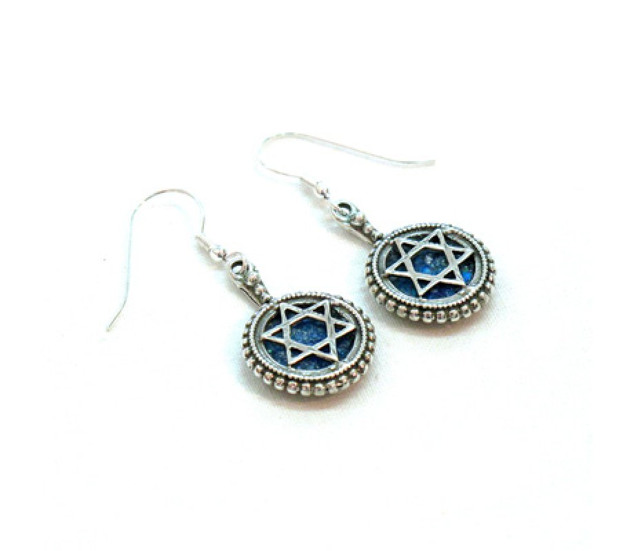 Michal Kirat Roman Glass Drop Earrings with Sterling Silver Star of David