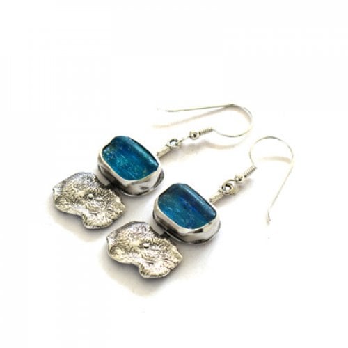 Michal Kirat Roman Glass Drop Earrings with Textured Sterling Silver Drop Pendant