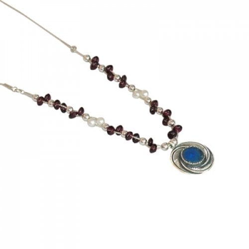 Michal Kirat Roman Glass Silver Necklace - Garnet Beads and Freshwater Pearls