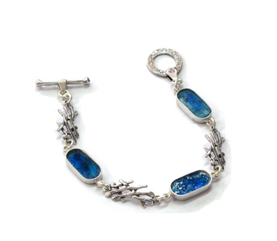 Michal Kirat Roman Glass Sterling Silver Bracelet with Branch-shaped Connectors