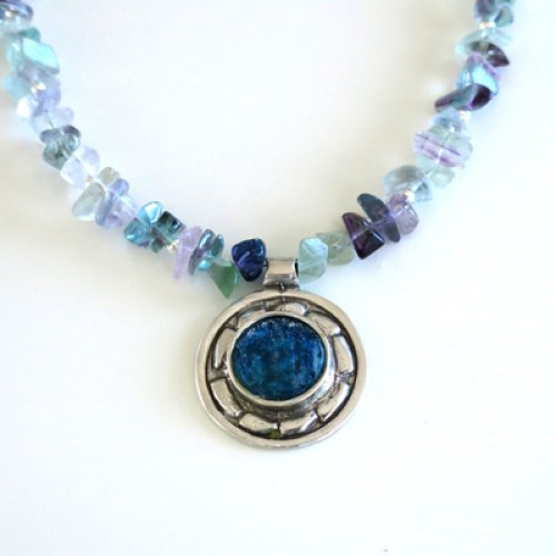 Michal Kirat Shimmering Fluorite Beads Silver Necklace with Roman Glass Pendant