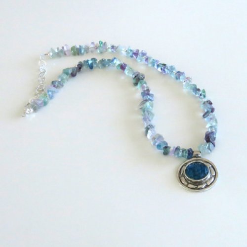 Michal Kirat Shimmering Fluorite Beads Silver Necklace with Roman Glass Pendant