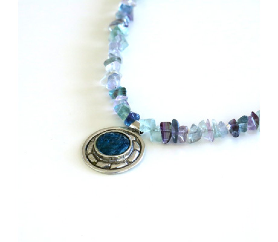 Michal Kirat Shimmering Fluorite Beads Silver Necklace with Roman Glass Pendant