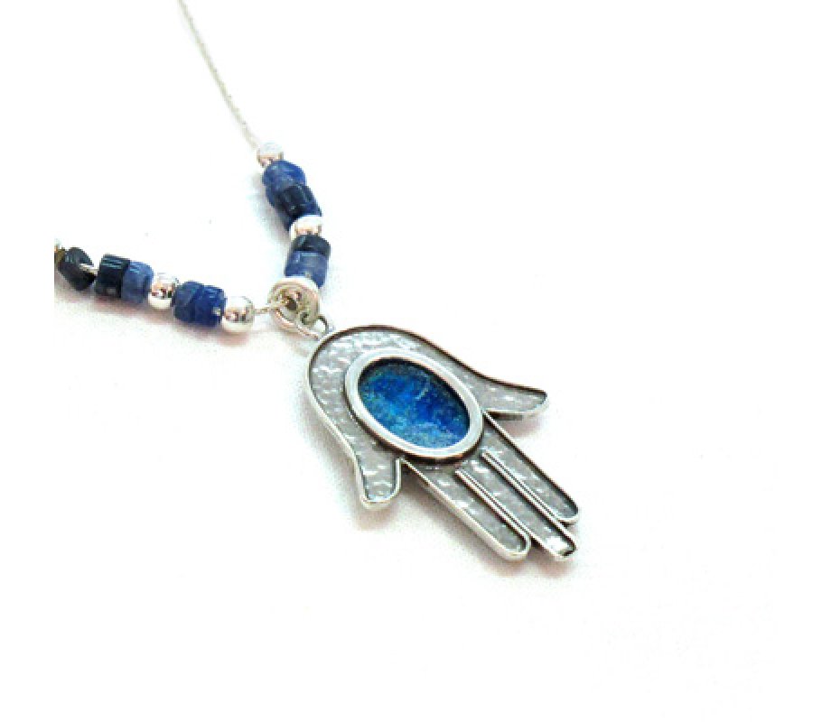 Michal Kirat Silver Hamsa with Roman Glass Decoration and Demorterite Beads