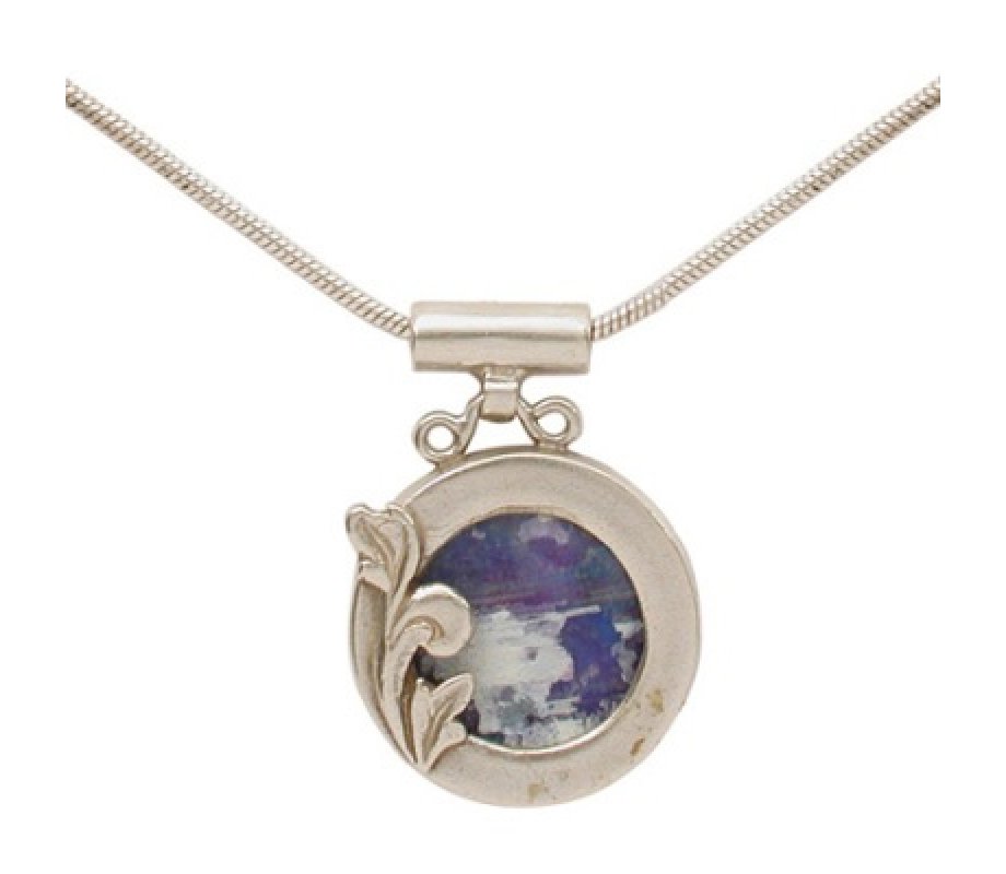 Michal Kirat Silver Necklace with Framed Roman Glass Pendant & Leaf Decoration