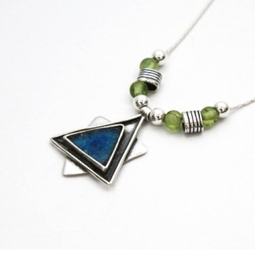 Michal Kirat, Silver Necklace with Roman Glass Star of David and Peridot Beads