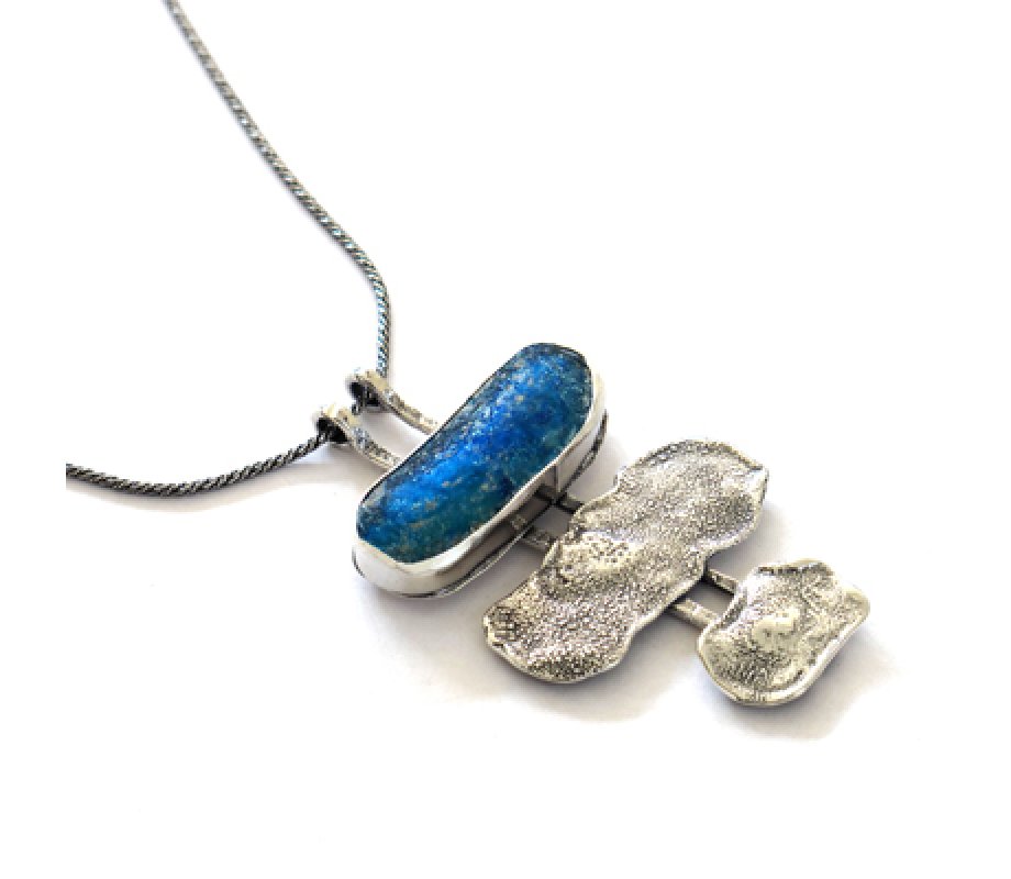 Michal Kirat Silver Necklace with Three-piece Pendant - Roman Glass and Hammered Silver