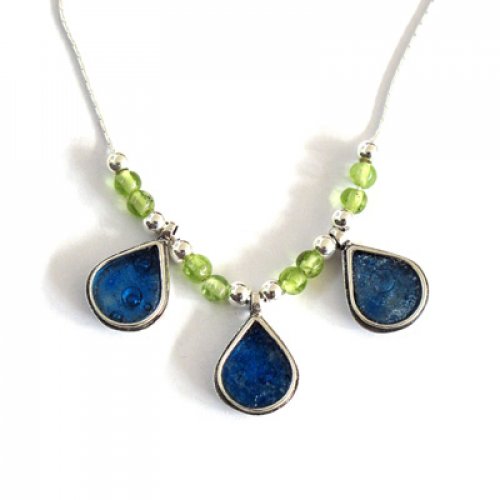 Michal Kirat Silver Peridot Beads Necklace - Roman Glass Raindrop Pendants