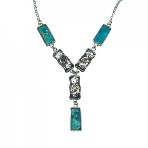 Michal Kirat Silver Roman Glass Necklace with Oblong Pendants - Fantasy Design