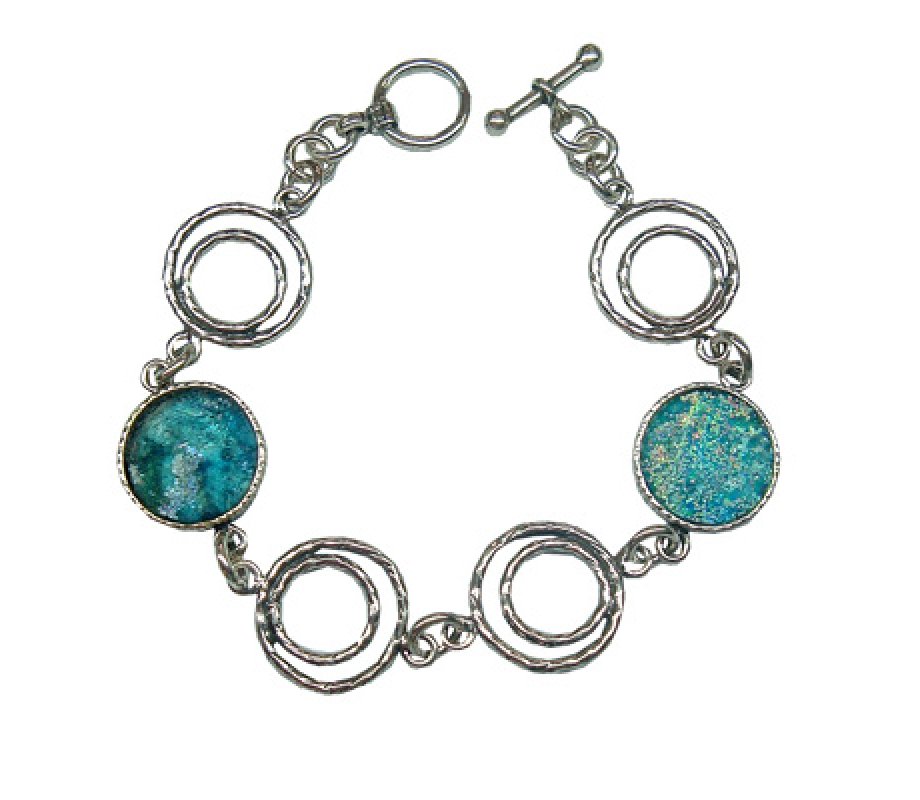 Michal Kirat Sterling Silver Bracelet, Circular Roman Glass Shards and Coil Links